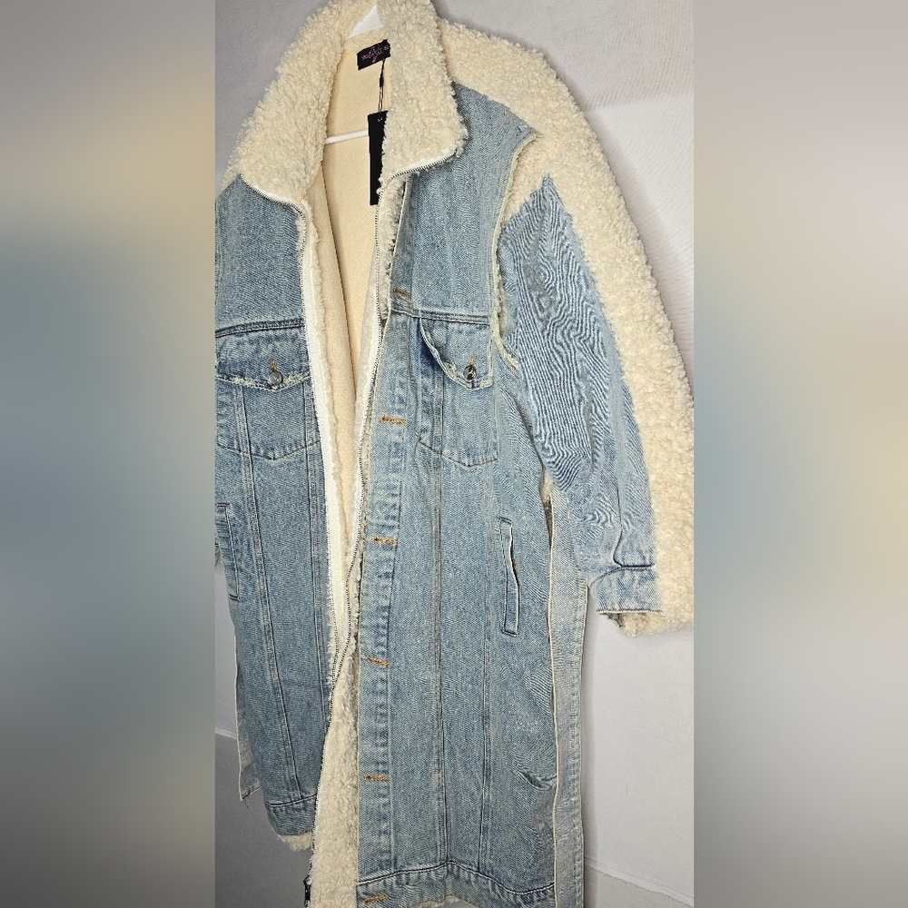Nichole Lynel Size Small Long Sherpa Lined Denim Coat w/ Teddy Trim Jacket - Picture 2 of 13